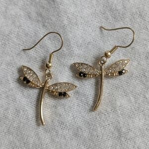 Vintage-Inspired Gold-Tone Dragonfly Dangle Earrings with Sparkling Glass Stones